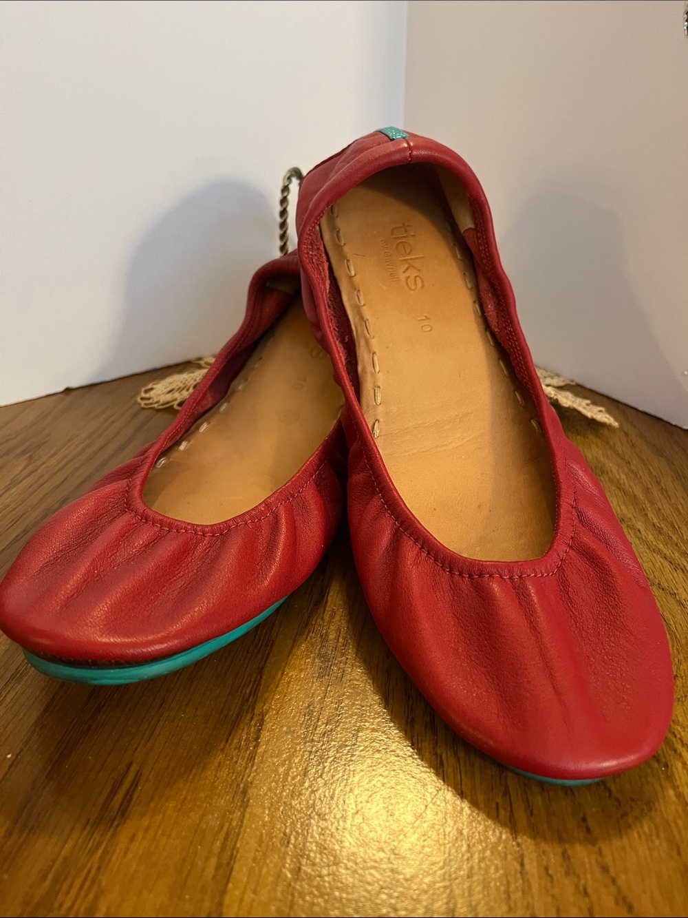 Tieks Red Leather Ballet Flats with Teal Accent Size 10